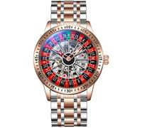 FANMIS Men's Luxury Roulette Wheel Automatic Mechanical Watch Hollow Skeleton Dial Design Watches Stainless Steel Waterproof Business Luxury Automatic Self-Wind Wristwatch, Rose Red Steel