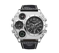 FANMIS Mens Military Sports Quartz Wrist Watch Two Time Zone Compass and Thermometer Decorative Dial Leather Strap Cool Watch, Black, Military Sports Quartz Wrist Watch