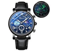 FANMIS Men's Multifunction Waterproof Luminous Chronograph Analog Watch Starry Sky Moon Phase Leather Strap, Black, Fashion Watch