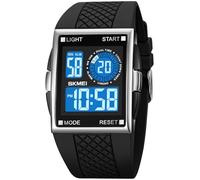 FANMIS Men's Rectangle Dial Sports Wrist Watches with 7 Colors Optional LED Backlight Multifunctional Alarm Stopwatch 12/24H Rubber Strap Watch, P Silver, Backlight Multifunctional Alarm Stopwatch