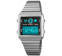 FANMIS Men's Retro Square Digital Watch with Stainless Steel Strap, Waterproof Sport Multifunction Electronic Led Watches - Gold/Silver/Black, Silver