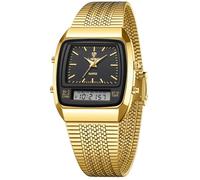FANMIS Men's Watches Multifunction Square Dual Display Sport Watch for Men Waterproof Stainless Steel Chronograph Fashion Wristwatch, Retro Gold Mesh Band, Black Gold