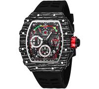 FANMIS Tonneau Men's Watch, Square, Analog, Punk, Chronograph, Unique Sports Watch, Japanese Movement, Luminous Design with Rubber Strap, X Black/Black, Fashionable