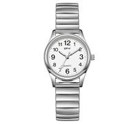 FANMIS Ultra Thin Easy-to-Read Analog Watch for Seniors with Stainless Steel Expansion Band Large Numerals Waterproof Luminous Elastic Band Watch, Silver White Women