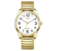 FANMIS Ultra Thin Easy-to-Read Analog Watch for Seniors with Stainless Steel Expansion Band Large Numerals Waterproof Luminous Elastic Band Watch, Gold White Men