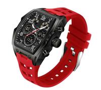 FANMIS Watch for Men Fashion Hollow Unique Rectangle Dial Wristwatch Waterproof Sport Digital Analog Dual Time Display Stopwatch Punk Cool Design Silicon Strap Dress Watch, Red