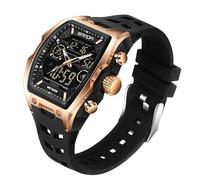 FANMIS Watch for Men Fashion Hollow Unique Rectangle Dial Wristwatch Waterproof Sport Digital Analog Dual Time Display Stopwatch Punk Cool Design Silicon Strap Dress Watch, Y Black Gold