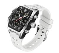 FANMIS Watch for Men Fashion Hollow Unique Rectangle Dial Wristwatch Waterproof Sport Digital Analog Dual Time Display Stopwatch Punk Cool Design Silicon Strap Dress Watch, White, Modern