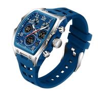 FANMIS Watch for Men Fashion Hollow Unique Rectangle Dial Wristwatch Waterproof Sport Digital Analog Dual Time Display Stopwatch Punk Cool Design Silicon Strap Dress Watch, X Silver Blue