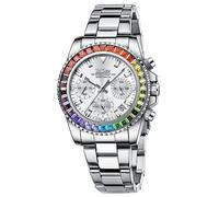 FANMIS Women Colorful Diamond Watches Chronograph Rotatable Bezel Mineral Glass Luminous Watch Stainless Steel Waterproof Date Analog Quartz Watch Fashion Business Dress Wristwatch, Silver white