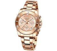 FANMIS Women Elegant Chronograph Rotatable Bezel Mineral Glass Luminous Watch Stainless Steel Waterproof Date Analog Quartz Watch Fashion Business Dress Wrist Watch, Rose gold, Chronograph,Quartz