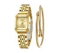 FANMIS Women’s Gold Tone Bangle Watch and Bracelet Set, Simple Square Dial Ladies Casual Dress Watch with Solid Stainless Steel Band & Butterfly Clasp,Waterproof Adjustable Strap with Tools, Gold Gold