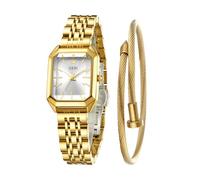 FANMIS Women’s Gold Tone Bangle Watch and Bracelet Set, Simple Square Dial Ladies Casual Dress Watch with Solid Stainless Steel Band & Butterfly Clasp,Waterproof Adjustable Strap with Tools, A Gold