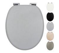 Fanmitrk Universal Wooden Toilet Seat Soft Close, Made of MDF with PVC Leather-Look Material, Adjustable Hinges with Bottom Fixture, Easy to Install for Bathroom43.5 x 37.3 x 5.5 cm (Light Grey)