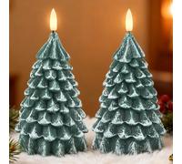 Fanna 2 Green Christmas Tree Shaped LED Flameless Candles with Timer Function for Winter, Real Wax Battery Operated Candles for Christmas Decoration - H 17cm