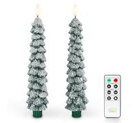 Fanna 2 Snow Covered Christmas Tree Flameless Led Candles with Timer for Winter, Battery Operated Wax Decorative Taper Candles with Remote for Home Decorations - H 25cm