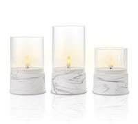 Fanna 3 Battery Operated Glass Candles with Timer Function in Marble Texture, Flameless LED Candles for Home Decor and Table Centerpieces, Grey and White Design - H 10cm / 12.5cm / 15cm