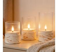 Fanna 3 Battery Operated Glass Candles with Timer Function in Marble Texture, Flameless LED Candles for Home Decor and Table Centerpieces, Brown and White Design - H 10cm / 12.5cm / 15cm