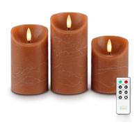 Fanna 3 Brown Real Wax Flameless Led Candles with Remote in Rustic Design, Battery Operated Pillar Candles with Timer for Autumn and Harvest, 6 Batteries Included - H 10/12.5/15cm
