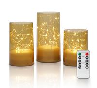 Fanna 3 Fairy Light Candle Lanterns with Remote for Table Centerpiece Decor, Embedded Twinkle String Lights in Battery Operated Flameless Candles for Christmas - Gold Acrylic - H10/12.5/15cm