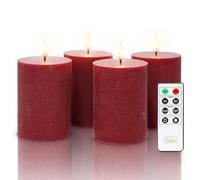 Fanna 4 Bordeaux Red Real Wax Flameless LED Pillar Candles with Remote in Rustic Design, Battery Operated Advent Candles with Timer for Christmas, Remote and Batteries Included - D7.5cm x H10cm