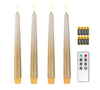 Fanna 4 Flameless LED Taper Candles with Timer in Real Wax, Battery Operated Rustic Metallic Dinner Candlesticks with Remote, 8 Batteries Included - H24.5cm - Sand Grey/Gold