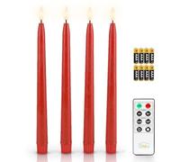 Fanna 4 Red Wax Finished Flameless Dinner Candles with Timer for Christmas, Battery Operated Led Taper CandleSticks for Valentine's Day and Wedding, Remote and Batteries Included - H 28cm