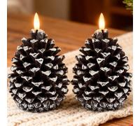 Fanna Dark Brown Flameless Pine Cone LED Candles with Timer Function for Christmas, Real Wax Battery Operated Candles for Winter Decoration - D 3.55" - Set of 2