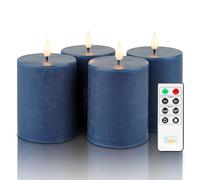 Fanna Flameless LED Pillar Candles with Timer for Wreath, Battery Operated Rustic Wax Candles with Remote for Christmas, 8 Batteries Included - Set of 4 (D 7.5cm x H 10cm) - Dark Blue