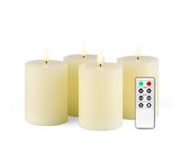 Fanna Flameless LED Pillar Candles with Timer for Wreath, Battery Operated Rustic Wax Candles with Remote for Christmas, 8 Batteries Included - Set of 4 (D 7.5cm x H 10cm) - Ivory