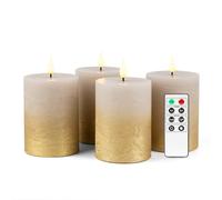 Fanna Flameless LED Pillar Candles with Timer for Wreath, Battery Operated Rustic Wax Candles with Remote for Christmas, 8 Batteries Included - Set of 4 (D 7.5cm x H 10cm) - Sand Grey/Gold