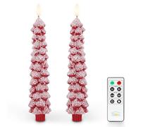 Fanna Red Christmas Tree Candles with Realistic Snow Covered, Flameless LED Taper Candles in Real Wax with Timer for Winter and Christmas, Battery Operated Candles with Remote - H 9.8" - Set of 2