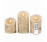 Fanna Set of 3 Flameless LED Birch Bark Candles with Timer, Battery Operated Wax Candles with Remote for Christmas, 6 Batteries Included - H 10/12.5/15cm