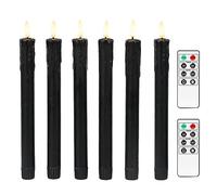 Fanna Set of 6 Black Flameless Taper Candles for Halloween with 2 Remotes Included, Battery Operated Candles with Timer Wax Dripping, Warm White Light - H25cm