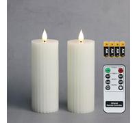 Fanna White Slim Column Battery Operated Flameless LED Candles, Christmas Pillar Candles Stripe Design, Batteries and Remote Included - Set of 2（D 5.5 cm x H 15 cm）