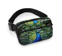 Fanny Pack Blue Peacock Printed Waist Cinching Bag Hip Bag Lightweight Belt Bag for Travel Sports Hiking Running, Blue Peacock, 7.9 X 5.1 in
