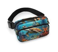 Fanny Pack Dolphins Sea Turtle Coral Reef Printed Waist Cinching Bag Hip Bag Lightweight Belt Bag for Travel Sports Hiking Running, Dolphins Sea Turtle Coral Reef, 7.9 X 5.1 in