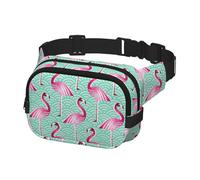 Fanny Pack for Men Women, Sports Waist Bag Pack, Belt Bag for Travel Hiking Running, Cool Pink Flamingo Birds with Green Waves