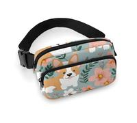 Fanny Pack for Women Men Belt Bag with Adjustable Strap Cute Cartoon Sloth Waist Pack for Everyday, Corgi Floral Flowers Spring Garden, 20x13cm