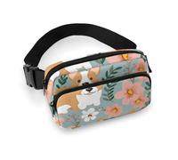 Fanny Pack for Women Men Belt Bag with Adjustable Strap Light Peach And Brown Waist Pack for Everyday, Corgi Floral Flowers Spring Garden, 20x13cm