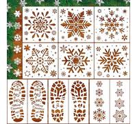 FANOST 12 PCS Christmas Snowflake Footprints Stencils Large, 4 PCS Santa Footprint Stencil+8 PCS Christmas Snowflake Stencil Template for Painting on Wood/Floor/Wall/Crafts, Christmas Stencil Reusable