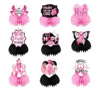 FANOST 9 Pcs Breast Cancer Pink Ribbon Awareness Decorations Honeycomb Centerpieces, Be Strong Hope Fight for The Cure Love Pink Power Table Decor for Breast Cancer Charity Theme Party Favor