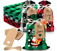 FANOST Christmas Jute Linen Bags Buffalo Plaid Gift Goodie Bags 12 Pack Christmas Drawstring Jute Bags for Christmas Party Sweets Cookie Chocolate Jewellery Craft Storage