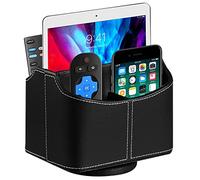 Fanousy Leather Remote Control Holder, 360 Degree Spinning Desk TV Remote Caddy/Box,Bedside Table Organizer for Controller, Media, Mail, Calculator, Mobile Phone and Pen Storage…