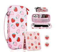 FANPL Carrying Case for Nintendo Switch & Switch OLED, Pink Cute Strawberry Travel Hard Protectiv Case for Switch with Adjustable Shoulder Strap, Game Case, Thumb Grips - Super Soft Plush Lining
