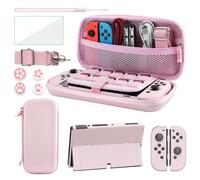 FANPL Case bundle for Nintendo Switch OLED Accessories, Carrying Case for Switch OLED and Joy Con Controller with Hard Flip Protective Case and Screen protector, 4 Thumb Grips, Shoulder Strap (Pink)