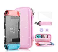 FANPL Case for Nintendo Switch Accessories, Pink Rainbow Sparkle Carrying Case for Switch and Joy Con with Hard Clear Glitter Protective Case and Screen protector, 2 Thumb Grips, Shoulder Strap
