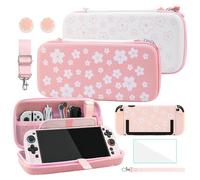 FANPL Cute Carrying Case Bundle for Nintendo Switch 2, Accessories Kit with Hard Travel Case, Protective Shell, Adjustable Strap, Screen Protector, Thumb Grip Caps, Pink White Sakura for Girl