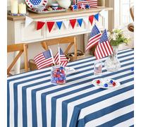 Fanqisi Striped Tablecloth Navy Blue and White Tablecloth - 57 x 84 Inch Waterproof 4th of July Table Cloth Rectangle Polyester Table Cover for Birthday Wedding Holiday Father's Day Party Decoration