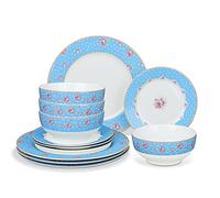fanquare 12-Piece Ivory White Porcelain Dinner Set with Blue Stripes, Pink Flower Dinnerware Set, Tableware Set Service for 4